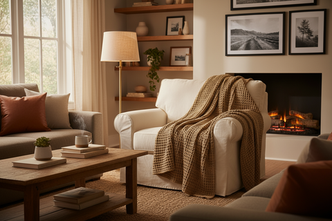 home coz living room with waffle blanket 